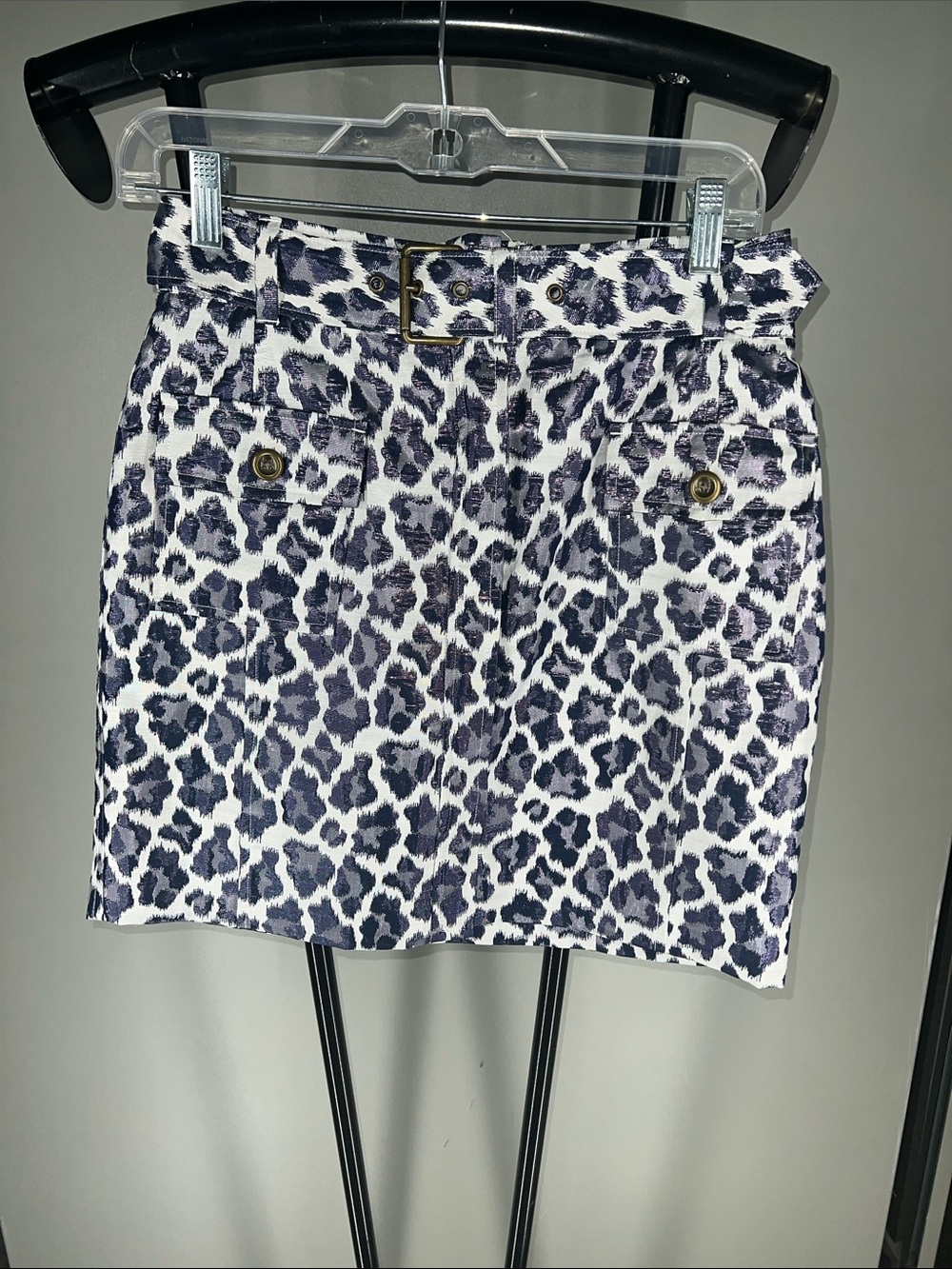 Banana Republic White and Navy Leopard-Print Belted Mini Skirt